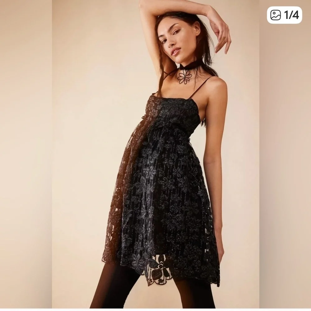 Free People All That Glitter Black Mini Dress. Size L